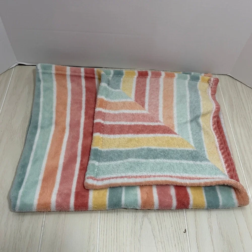 Walmart Baby Blanket 30x40 Multicolor Striped Fleece Plush Pastel Rainbow